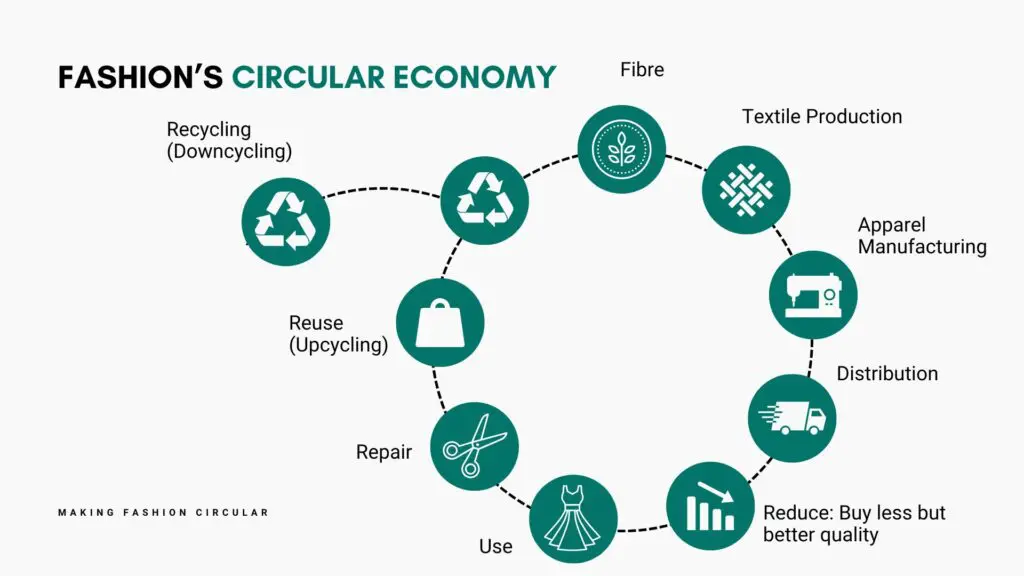 Fashion's Circular Economy visual. Recycling (Downcycling), Fibre, Textile Production, Apparel Manufacturing, Distribution, Reduce (Buy less, but better quality), Use, Repair, Reuse (Upcycling). 